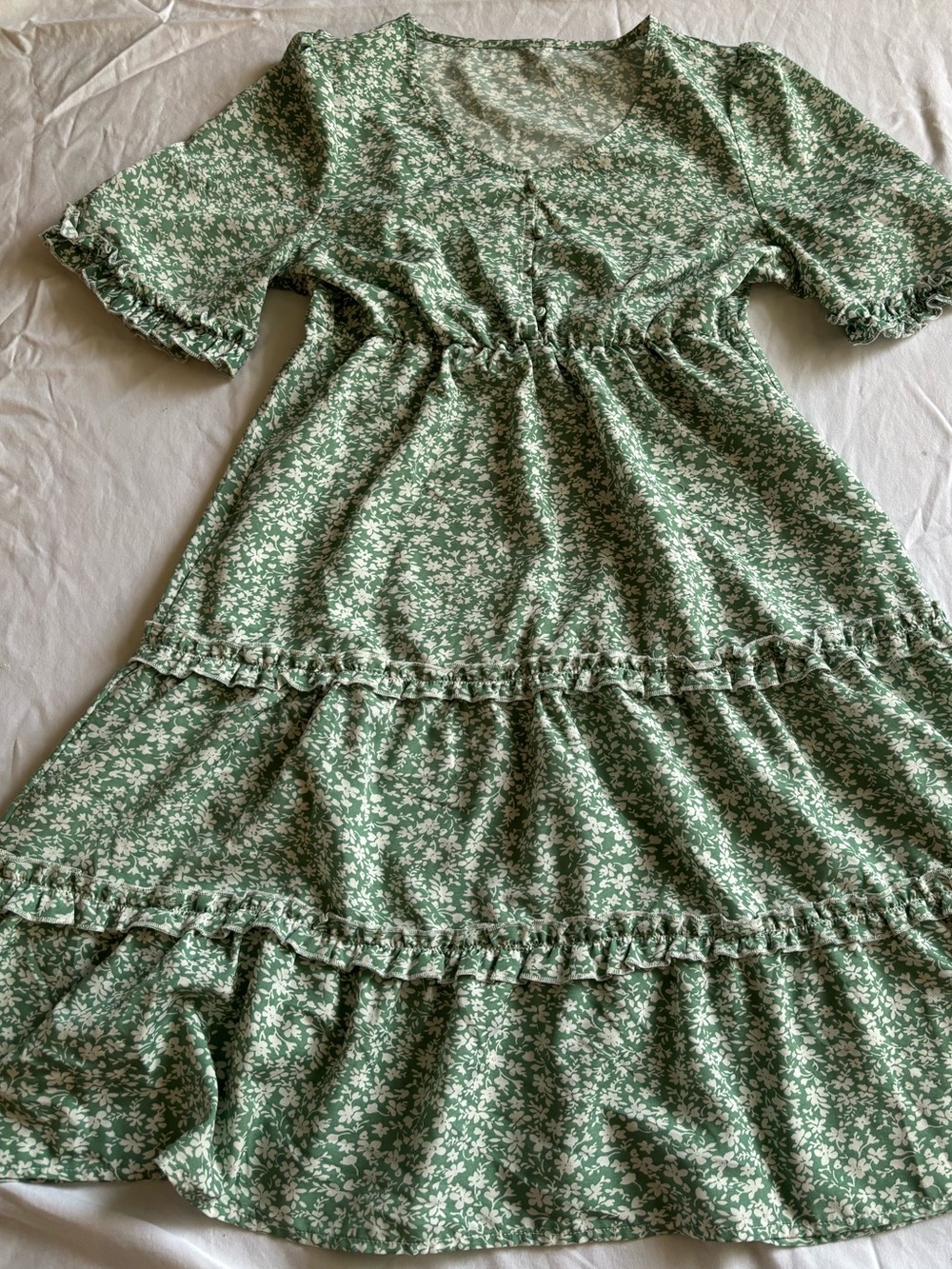Sage Green Floral Tiered Midi Dress Cottagecore Boho Prairie Dress - Picture 2 of 5